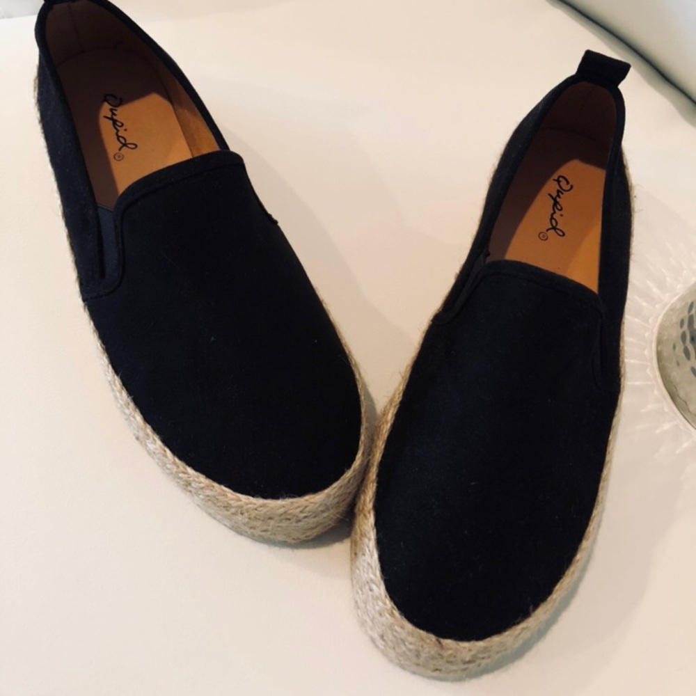Double decker espadrille black slip on flats